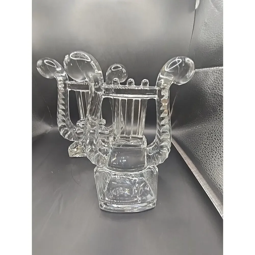 1940s Vintage FOSTORIA Glass LYRE HARP Crystal Bookends - MINT